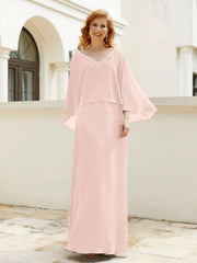 Robe de A-ligne en Mousseline à Col en V avec Volants Perlé en Cascade Rose Perle Grande Taille