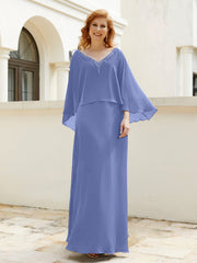 Robe de A-ligne en Mousseline à Col en V avec Volants Perlé en Cascade Pervenche