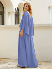 Robe de A-ligne en Mousseline à Col en V avec Volants Perlé en Cascade Pervenche