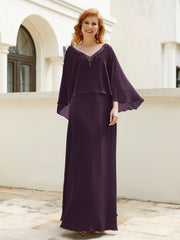 Robe de A-ligne en Mousseline à Col en V avec Volants Perlé en Cascade Plum