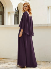 Robe de A-ligne en Mousseline à Col en V avec Volants Perlé en Cascade Plum