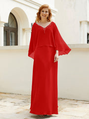 Robe de A-ligne en Mousseline à Col en V avec Volants Perlé en Cascade Rouge Grande Taille