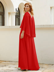 Robe de A-ligne en Mousseline à Col en V avec Volants Perlé en Cascade Rouge Grande Taille