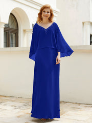 Robe de A-ligne en Mousseline à Col en V avec Volants Perlé en Cascade Bleu Royale
