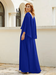 Robe de A-ligne en Mousseline à Col en V avec Volants Perlé en Cascade Bleu Royale