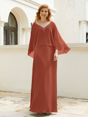 Robe de A-ligne en Mousseline à Col en V avec Volants Perlé en Cascade Rouille Grande Taille
