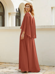Robe de A-ligne en Mousseline à Col en V avec Volants Perlé en Cascade Rouille Grande Taille