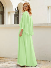 Robe de A-ligne en Mousseline à Col en V avec Volants Perlé en Cascade Sauge