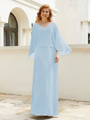 Robe de A-ligne en Mousseline à Col en V avec Volants Perlé en Cascade Bleu Ciel