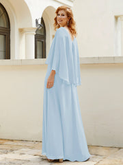 Robe de A-ligne en Mousseline à Col en V avec Volants Perlé en Cascade Bleu Ciel