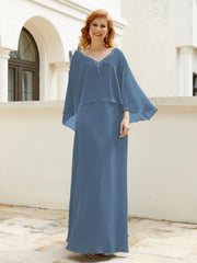 Robe de A-ligne en Mousseline à Col en V avec Volants Perlé en Cascade Bleu de Schiste Grande Taille