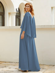 Robe de A-ligne en Mousseline à Col en V avec Volants Perlé en Cascade Bleu de Schiste Grande Taille