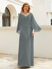 Robe de A-ligne en Mousseline à Col en V avec Volants Perlé en Cascade Gris Acier Grande Taille