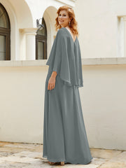 Robe de A-ligne en Mousseline à Col en V avec Volants Perlé en Cascade Gris Acier Grande Taille