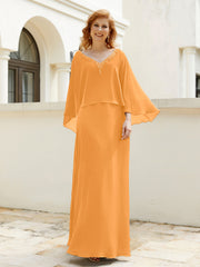 Robe de A-ligne en Mousseline à Col en V avec Volants Perlé en Cascade Mandarine Grande Taille