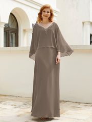 Robe de A-ligne en Mousseline à Col en V avec Volants Perlé en Cascade Taupe Grande Taille