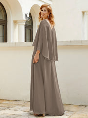 Robe de A-ligne en Mousseline à Col en V avec Volants Perlé en Cascade Taupe