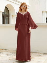 Robe de A-ligne en Mousseline à Col en V avec Volants Perlé en Cascade Terracotta Grande Taille