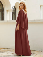 Robe de A-ligne en Mousseline à Col en V avec Volants Perlé en Cascade Terracotta