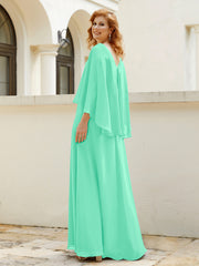 Robe de A-ligne en Mousseline à Col en V avec Volants Perlé en Cascade Turquoise Grande Taille