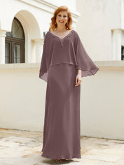 Robe de A-ligne en Mousseline à Col en V avec Volants Perlé en Cascade Vintage Mauve
