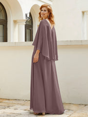 Robe de A-ligne en Mousseline à Col en V avec Volants Perlé en Cascade Vintage Mauve