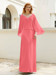 Robe de A-ligne en Mousseline à Col en V avec Volants Perlé en Cascade Pastèque