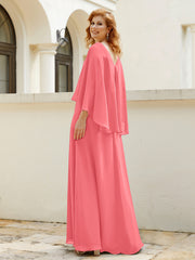 Robe de A-ligne en Mousseline à Col en V avec Volants Perlé en Cascade Pastèque