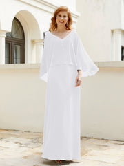 Robe de A-ligne en Mousseline à Col en V avec Volants Perlé en Cascade Blanc