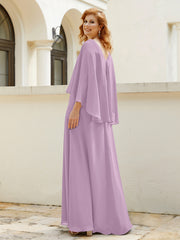 Robe de A-ligne en Mousseline à Col en V avec Volants Perlé en Cascade Glycine