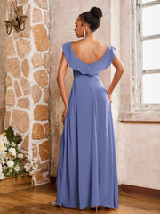 Combinaison Élégante En Mousseline À Jupe Fluide Superposée Pervenche