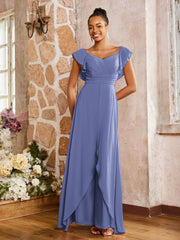 Combinaison Élégante En Mousseline À Jupe Fluide Superposée Pervenche