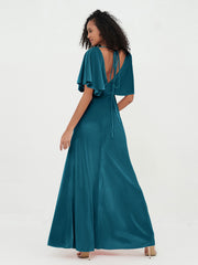 Robes Longues Fourreau en Velours avec Manches Flottantes Bleu Encre Grande Taille