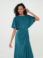 Robes Longues Fourreau en Velours avec Manches Flottantes Bleu Encre Grande Taille