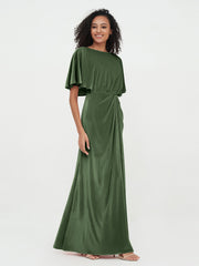 Robes Longues Fourreau en Velours avec Manches Flottantes Olive Verte