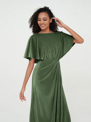 Robes Longues Fourreau en Velours avec Manches Flottantes Olive Verte