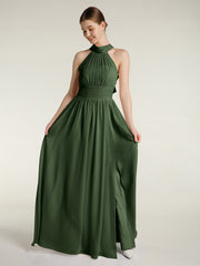 Col Haut Longueur Complète Robes Avec Fente Olive Verte Grande Taille