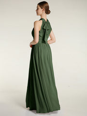 Col Haut Longueur Complète Robes Avec Fente Olive Verte Grande Taille