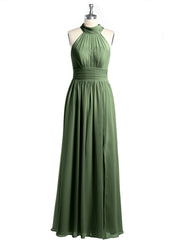 Col Haut Longueur Complète Robes Avec Fente Olive Verte Grande Taille