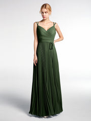 Jupe Plissée à Doubles Bretelles avec Auto-nœud Olive Verte