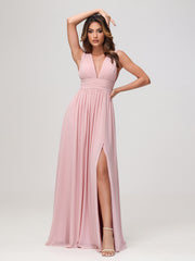 Robe en Mousseline Sans Manches à Col en V avec Fente Rose Poudré