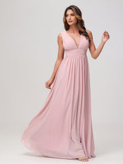 Robe en Mousseline Sans Manches à Col en V avec Fente Rose Poudré