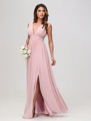 Robe en Mousseline Sans Manches à Col en V avec Fente Rose Poudré