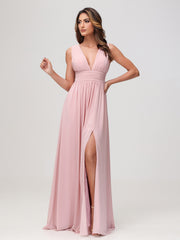 Robe en Mousseline Sans Manches à Col en V avec Fente Rose Poudré