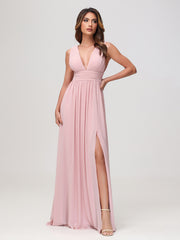 Robe en Mousseline Sans Manches à Col en V avec Fente Rose Poudré