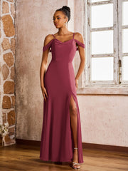 Robe Fourreau/Colonne à Hors de l'Épaule et Bretelles Spaghetti avec Fente Haute Cannelle Rose