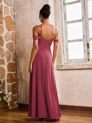 Robe Fourreau/Colonne à Hors de l'Épaule et Bretelles Spaghetti avec Fente Haute Cannelle Rose