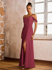 Robe Fourreau/Colonne à Hors de l'Épaule et Bretelles Spaghetti avec Fente Haute Cannelle Rose