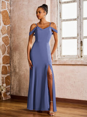 Robe Fourreau/Colonne à Hors de l'Épaule et Bretelles Spaghetti avec Fente Haute Pervenche