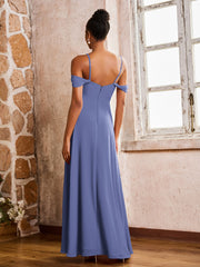 Robe Fourreau/Colonne à Hors de l'Épaule et Bretelles Spaghetti avec Fente Haute Pervenche